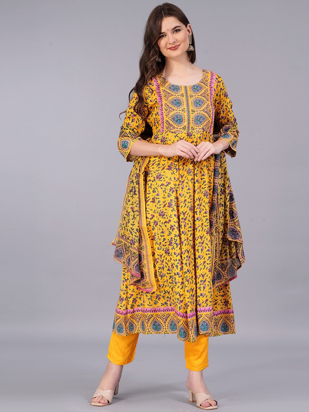 KALINI Floral Printed Beads And Stones Anarkali Kurta With Trousers & Dupatta, Yellow
KALINI Floral Printed Beads And Stones Anarkali Kurta With Trousers & Dupatta, Yellow
