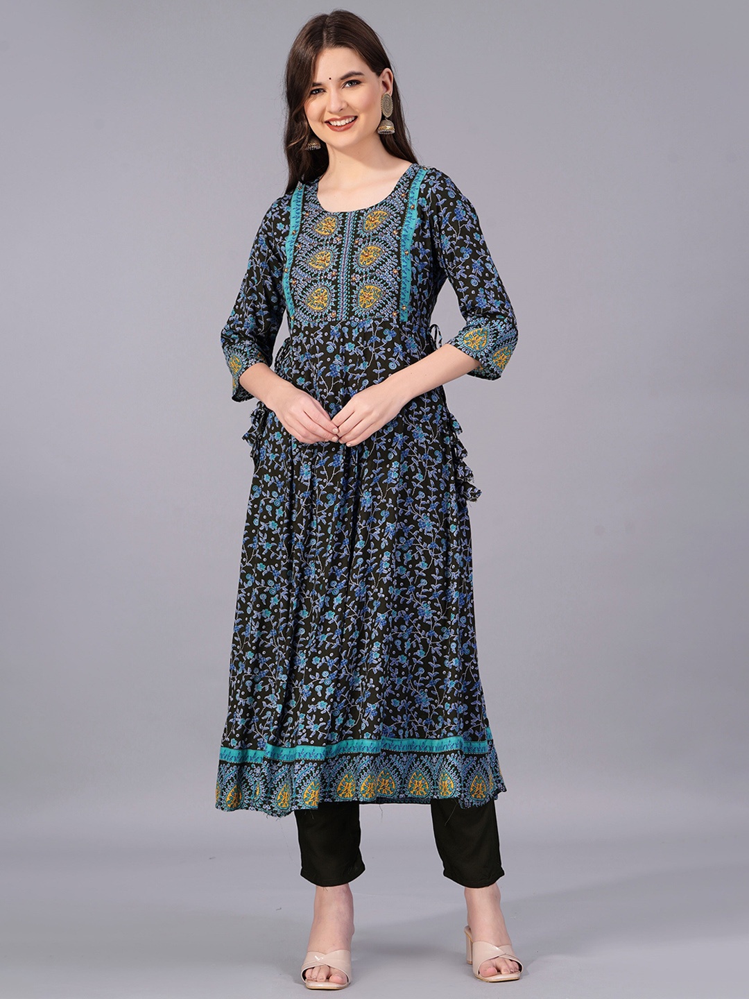 KALINI Floral Printed Beads And Stones Anarkali Kurta With Trousers & Dupatta, Green
KALINI Floral Printed Beads And Stones Anarkali Kurta With Trousers & Dupatta, Green