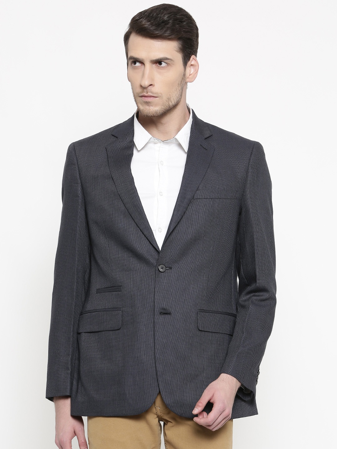 ColorPlus Navy Woollen Custom Slim Fit Self-Design Single-Breasted Smart-Casual Blazer, Navy blue
ColorPlus Navy Woollen Custom Slim Fit Self-Design Single-Breasted Smart-Casual Blazer, Navy blue