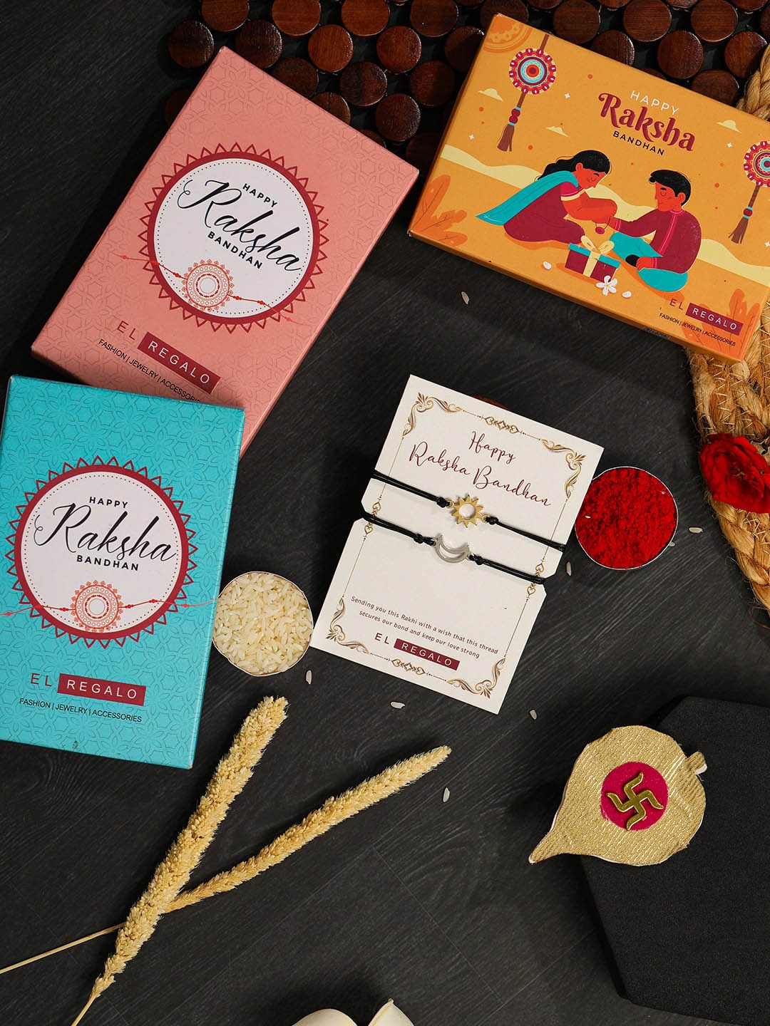 EL REGALO Bhaiya Bhabhi Set Of 2 Wraparound Rakhi Combo With Roli Chawal and Card, Gold
EL REGALO Bhaiya Bhabhi Set Of 2 Wraparound Rakhi Combo With Roli Chawal and Card, Gold