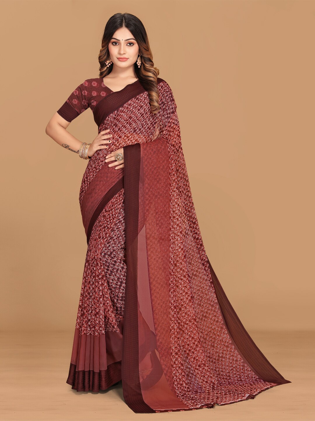 KALINI Floral Printed Pure Georgette Saree, Brown