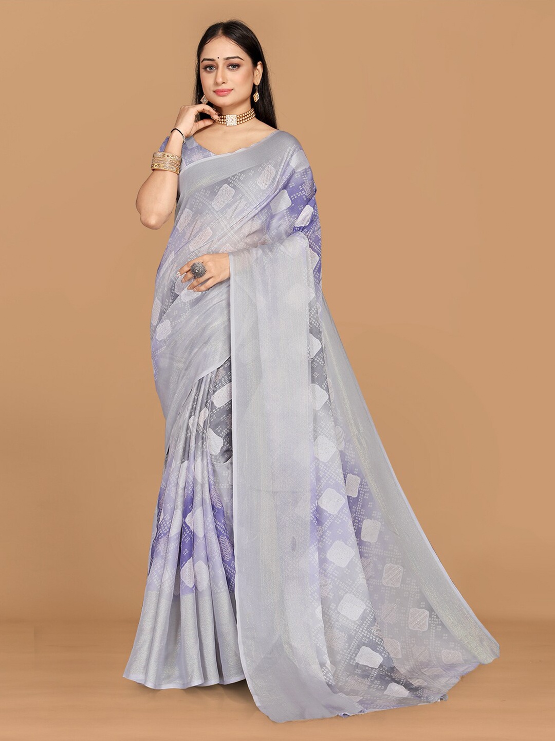 KALINI Bandhani Printed Zari Pure Chiffon Saree, Grey