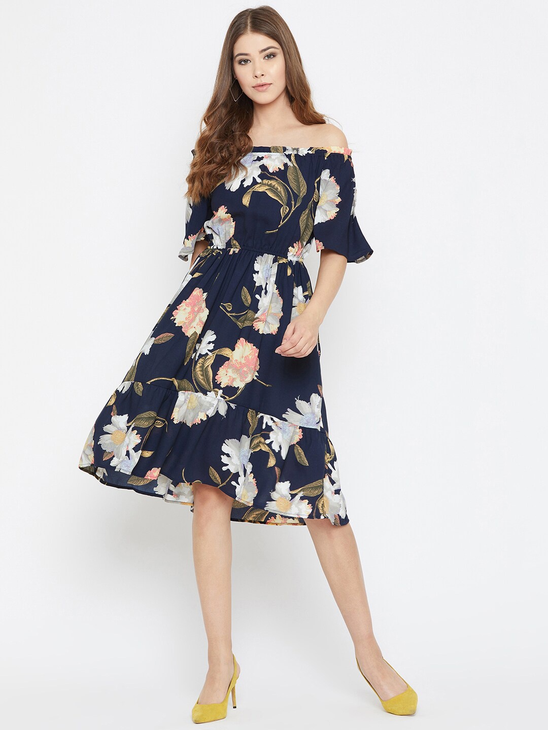 BAESD Floral Printed Off-Shoulder Bell Sleeve Gathered Casual Georgette Fit & Flare Dress, Navy blue
BAESD Floral Printed Off-Shoulder Bell Sleeve Gathered Casual Georgette Fit & Flare Dress, Navy blue