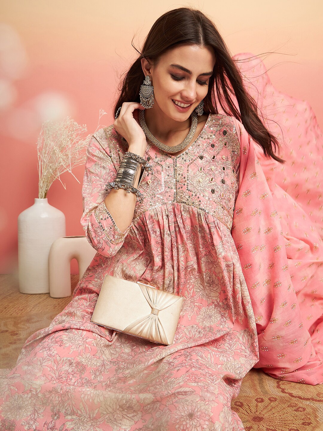 Sangria Floral Printed Empire A-line Embroidered Kurta With Trousers & Dupatta, Pink
Sangria Floral Printed Empire A-line Embroidered Kurta With Trousers & Dupatta, Pink