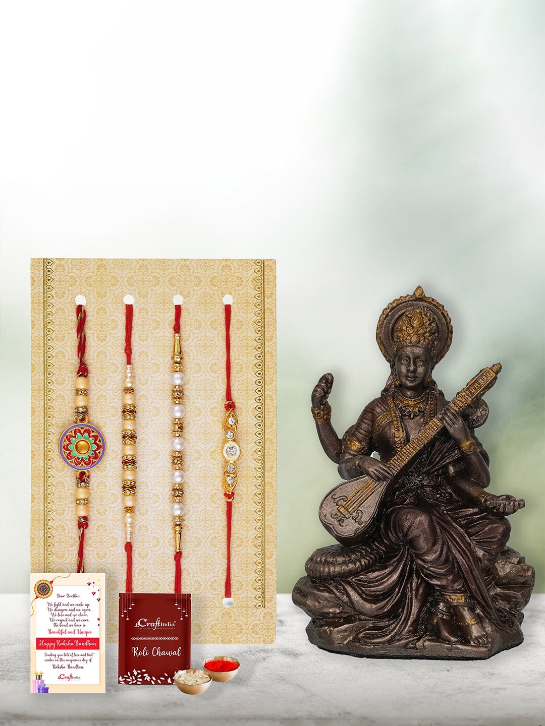 eCraftIndia Unisex Set of 4 Floral Designer Rakhis With Goddess Saraswati Idol, Gold
eCraftIndia Unisex Set of 4 Floral Designer Rakhis With Goddess Saraswati Idol, Gold