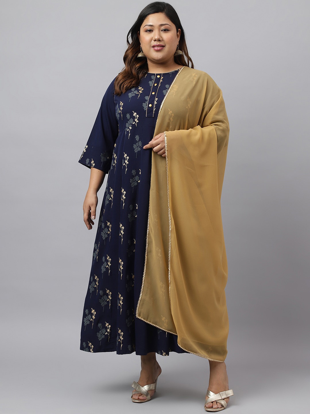 XL LOVE by Janasya Plus Size Floral Printed A-Line Kurta With Dupatta, Navy blue
XL LOVE by Janasya Plus Size Floral Printed A-Line Kurta With Dupatta, Navy blue