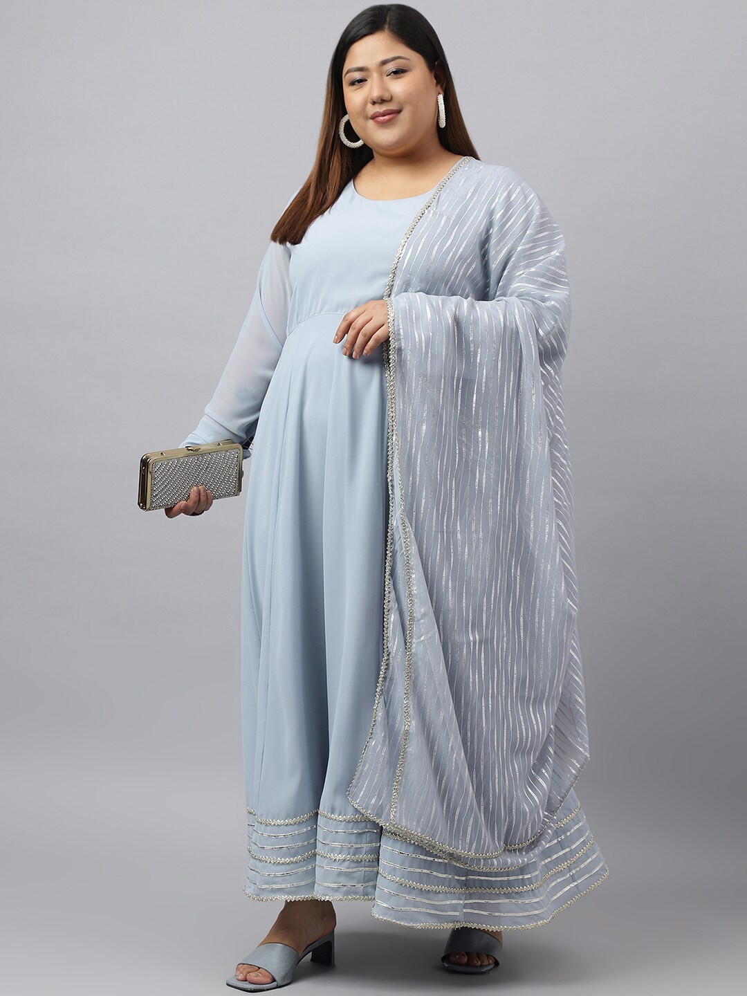XL LOVE by Janasya Plus Size Striped Round Neck Gotta Patti Anarkali Kurta With Dupatta, Grey
XL LOVE by Janasya Plus Size Striped Round Neck Gotta Patti Anarkali Kurta With Dupatta, Grey
