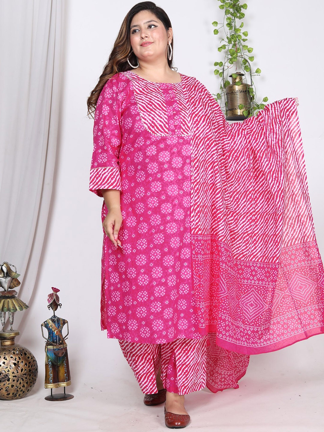 Swasti Plus Size Leheriya Printed Gotta Patti Pure Cotton Kurta With Trousers & Dupatta, Pink
Swasti Plus Size Leheriya Printed Gotta Patti Pure Cotton Kurta With Trousers & Dupatta, Pink