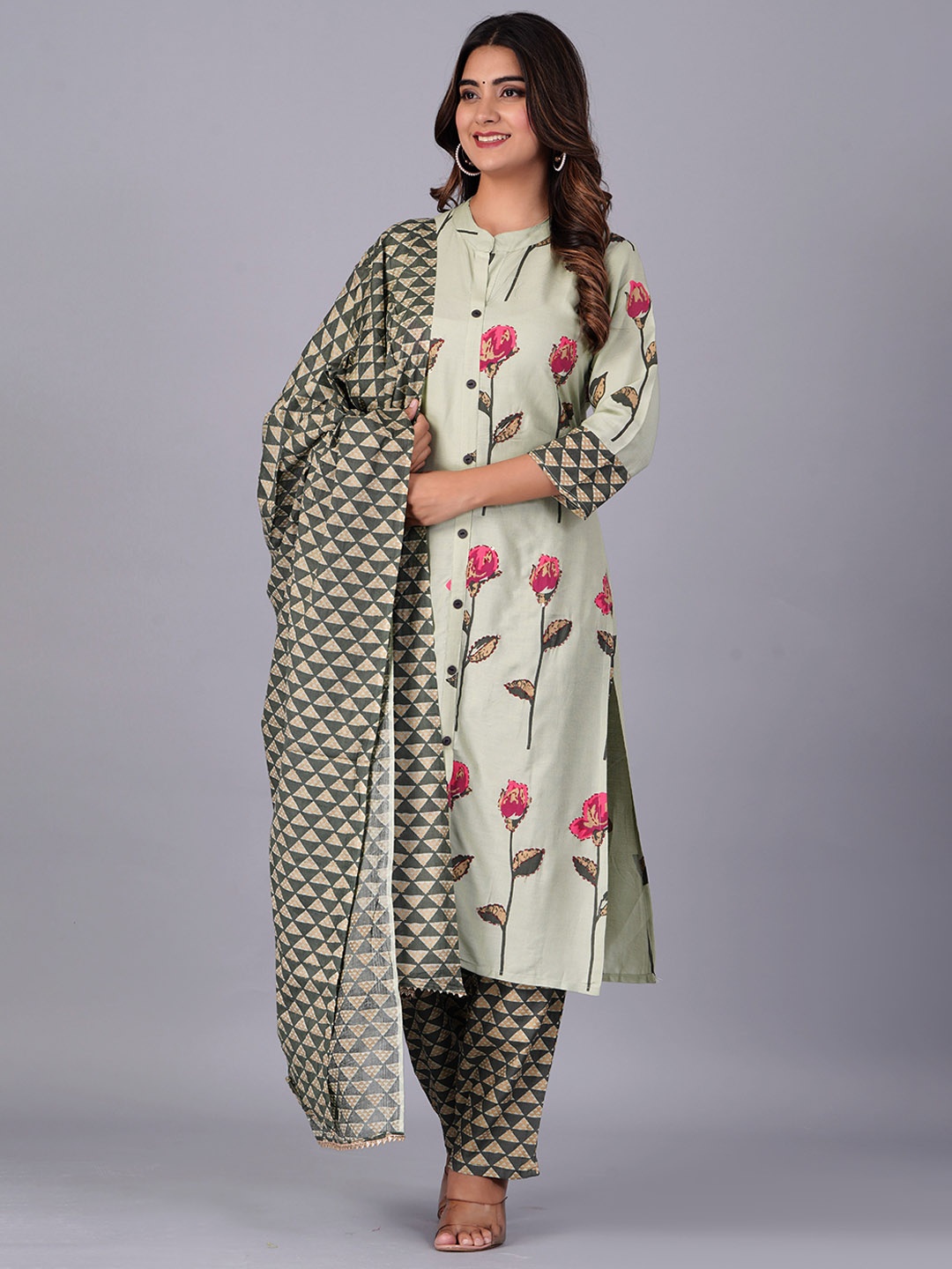 KALINI Floral Printed Mandarin Collar Thread Work Kurta with Trousers & With Dupatta, Green
KALINI Floral Printed Mandarin Collar Thread Work Kurta with Trousers & With Dupatta, Green
