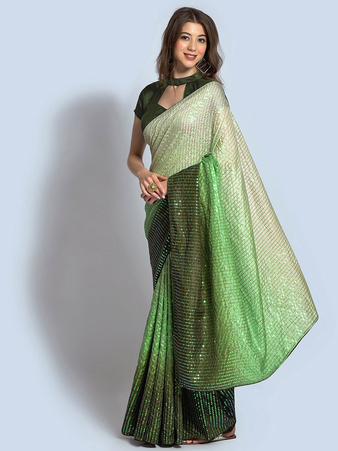 Satrani Embellished Sequinned Art Silk Saree, Green