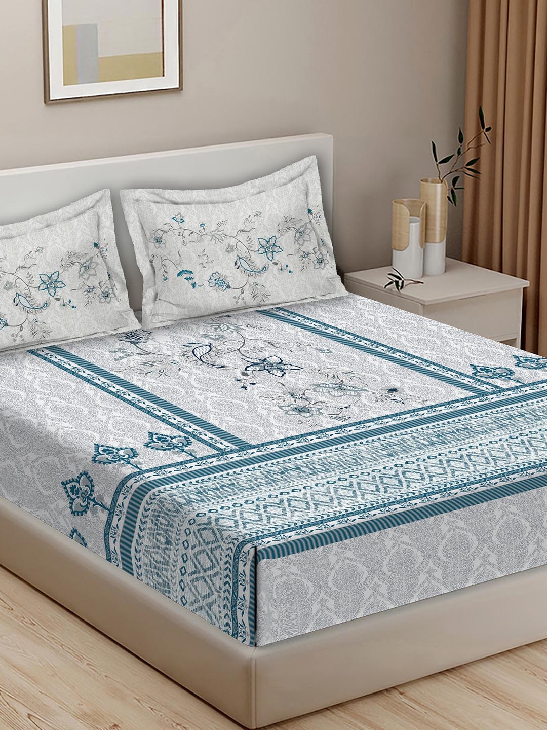 BELLA CASA Rajputana White & Blue Printed Cotton 400 TC King Bedsheet with 2 Pillow Covers
BELLA CASA Rajputana White & Blue Printed Cotton 400 TC King Bedsheet with 2 Pillow Covers