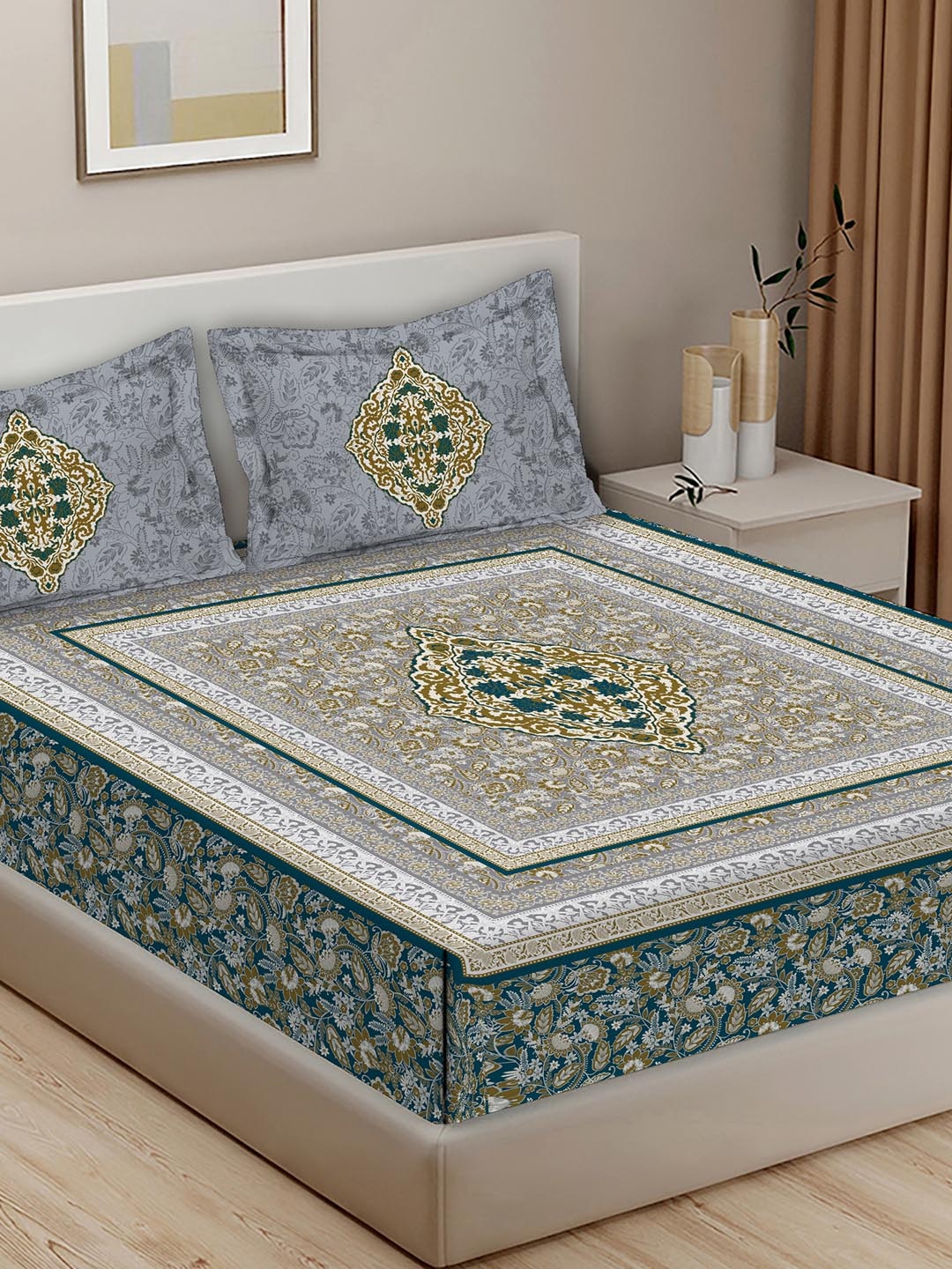 BELLA CASA Green & White Ethnic Motifs Cotton 400 TC King Bedsheet with 2 Pillow Covers
BELLA CASA Green & White Ethnic Motifs Cotton 400 TC King Bedsheet with 2 Pillow Covers