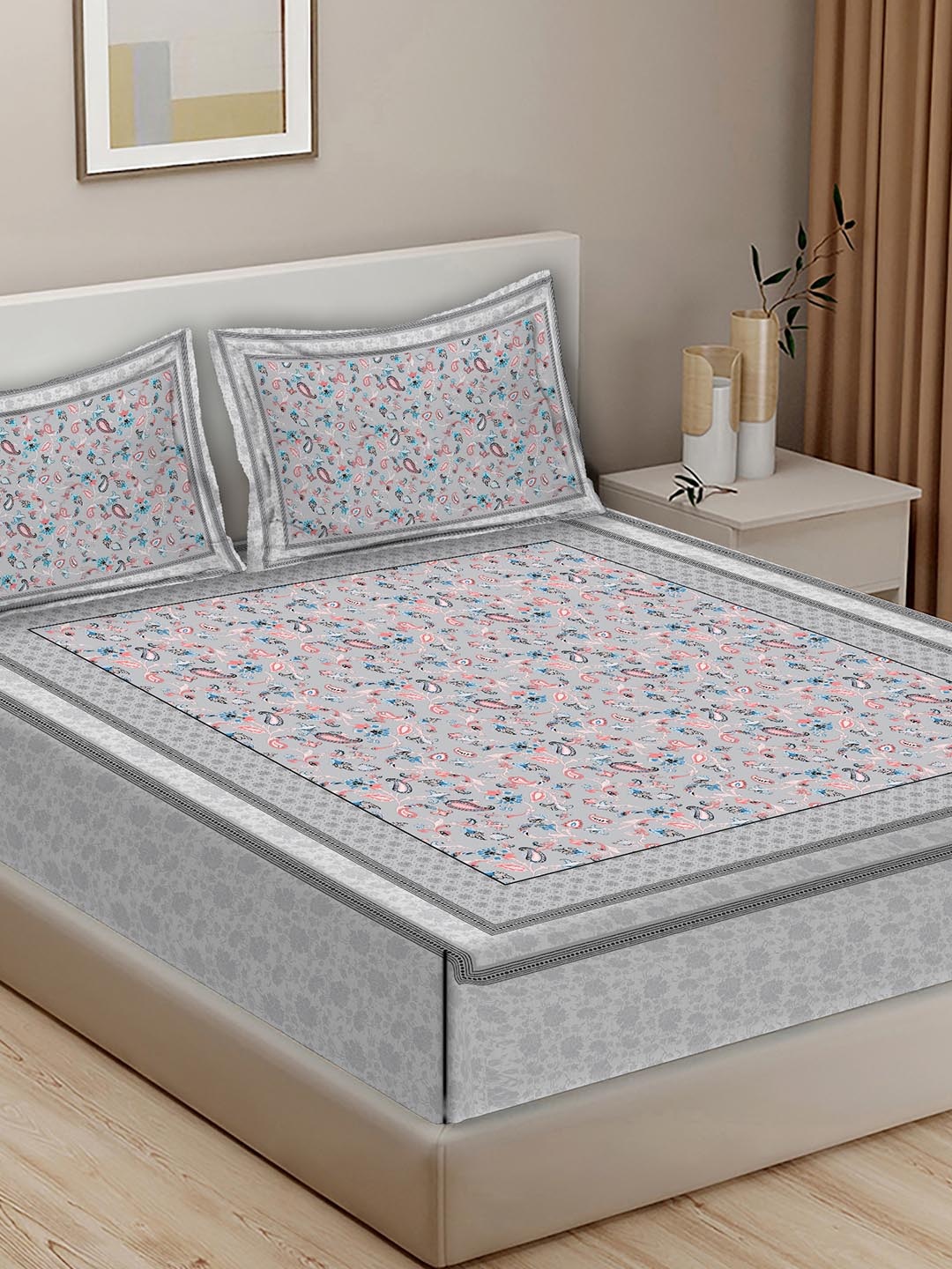 BELLA CASA Grey & White Ethnic Motifs Cotton 400 TC King Bedsheet with 2 Pillow Covers
BELLA CASA Grey & White Ethnic Motifs Cotton 400 TC King Bedsheet with 2 Pillow Covers
