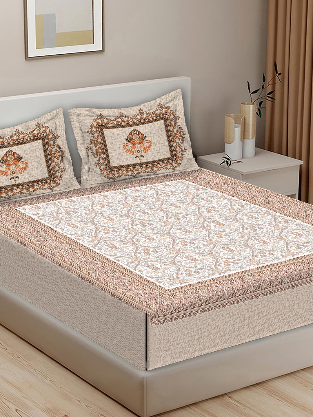BELLA CASA Beige & White Ethnic Motifs Cotton 400 TC King Bedsheet with 2 Pillow Covers 
BELLA CASA Beige & White Ethnic Motifs Cotton 400 TC King Bedsheet with 2 Pillow Covers