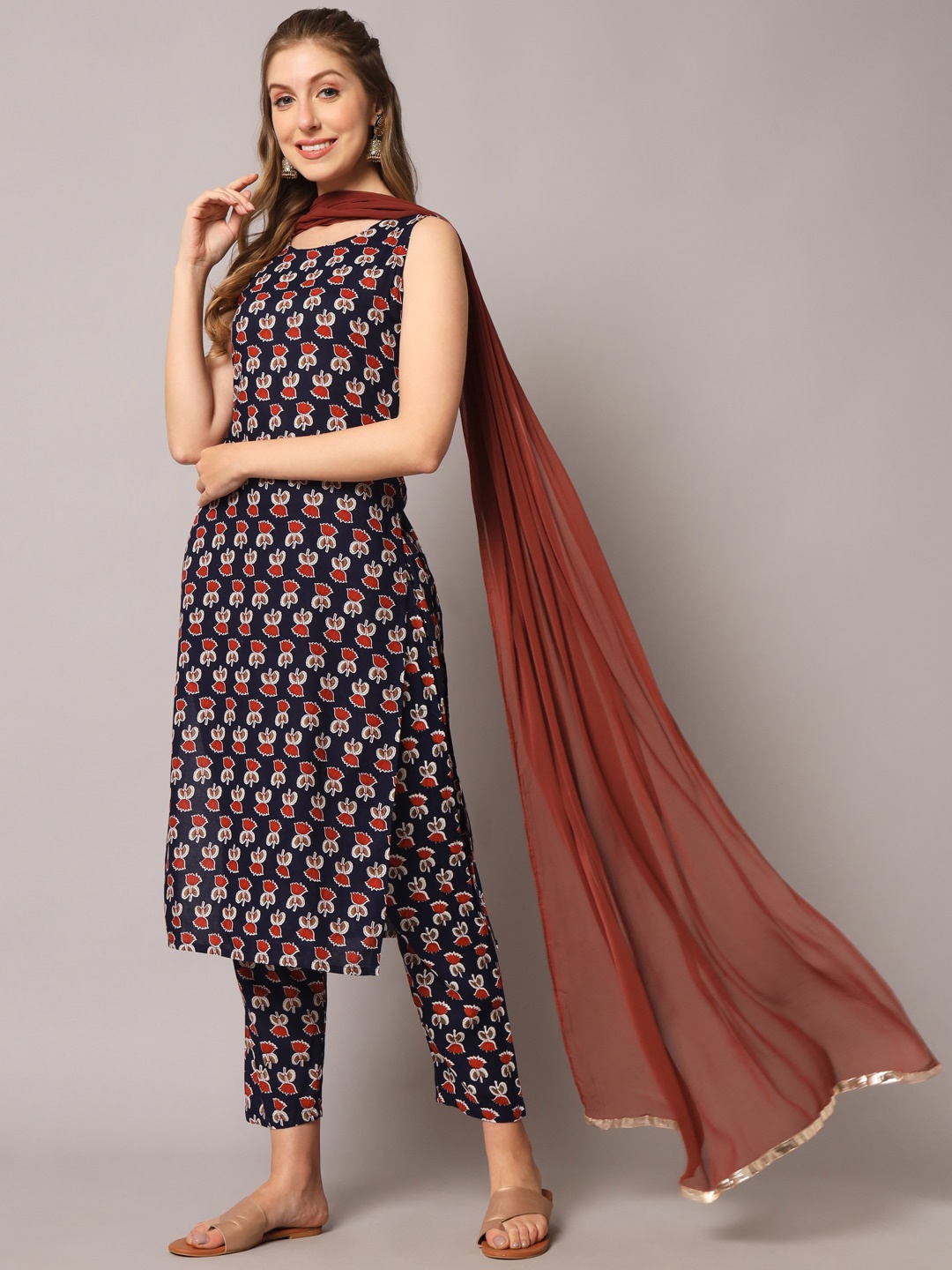 KALINI Floral Printed Round Neck Gotta Patti Straight Kurta With Trousers & Dupatta, Navy blue
KALINI Floral Printed Round Neck Gotta Patti Straight Kurta With Trousers & Dupatta, Navy blue