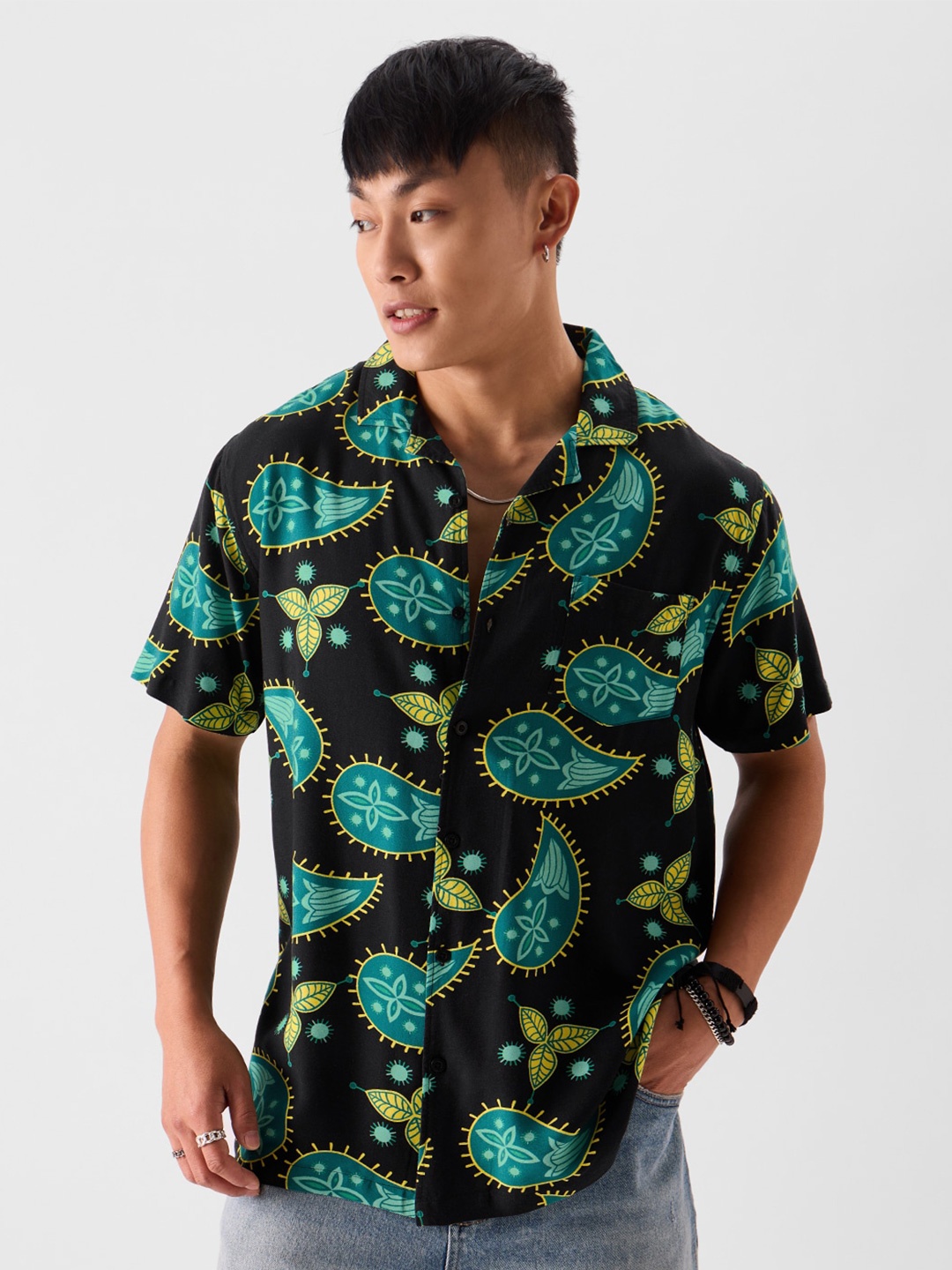 The Souled Store Paisley Printed Relaxed Boxy Cotton Shirt, Black