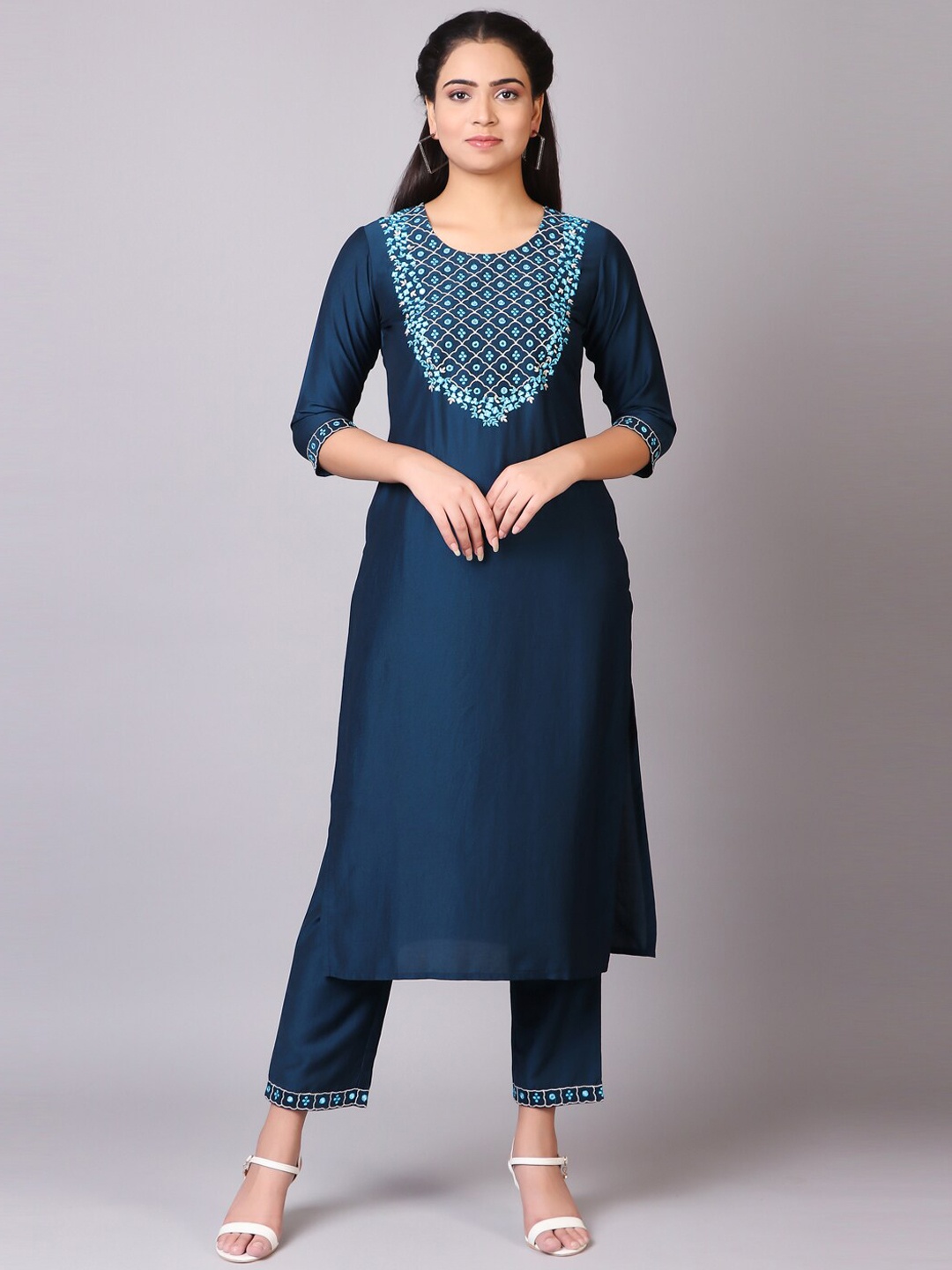 KALINI Floral Embroidered Three-Quarter Sleeves Mirror Work Regular Kurta Set With Dupatta, Blue
KALINI Floral Embroidered Three-Quarter Sleeves Mirror Work Regular Kurta Set With Dupatta, Blue