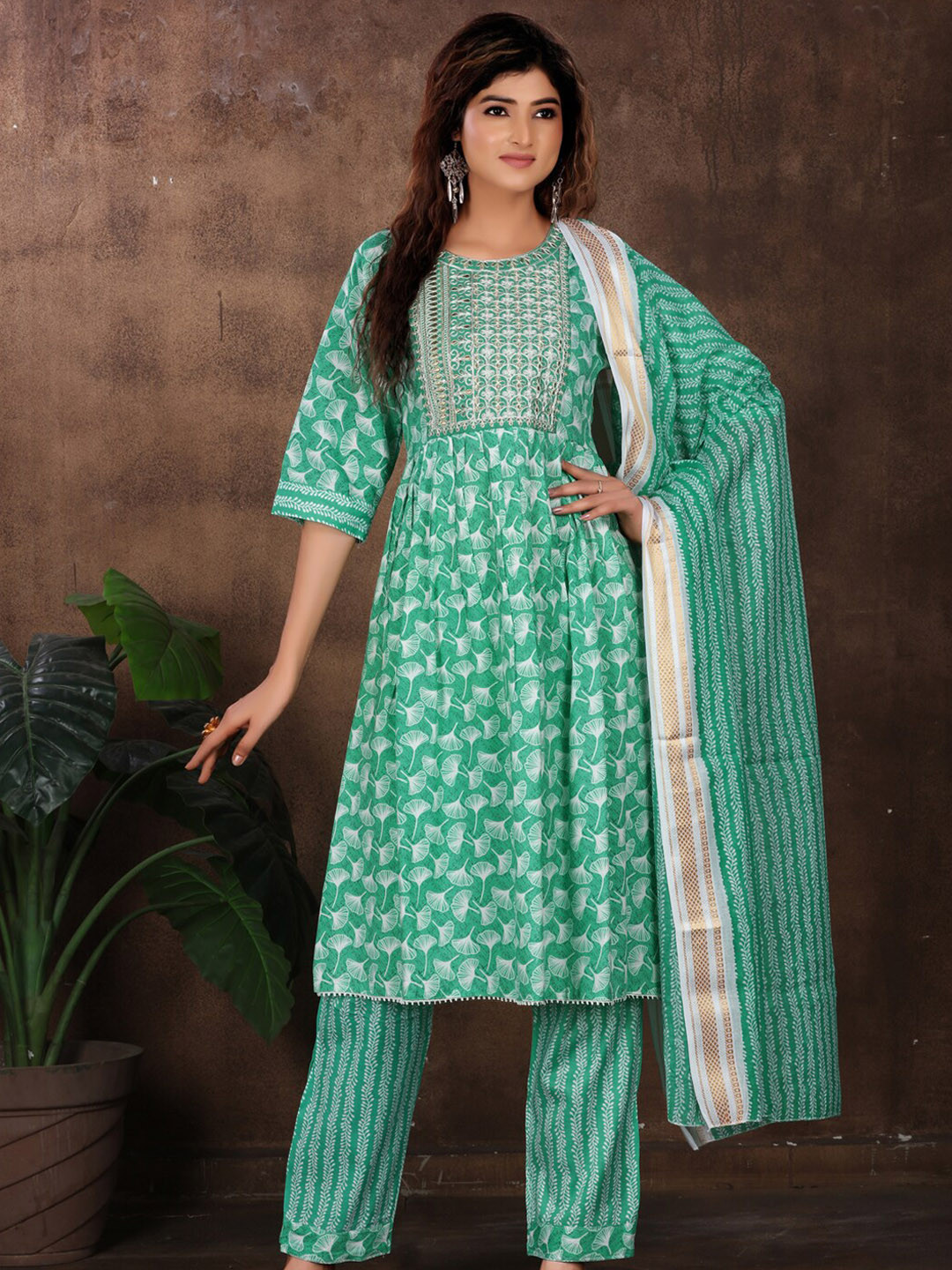 KALINI Abstract Printed Thread Work A-Line Kurta with Trousers & Dupatta, Green
KALINI Abstract Printed Thread Work A-Line Kurta with Trousers & Dupatta, Green