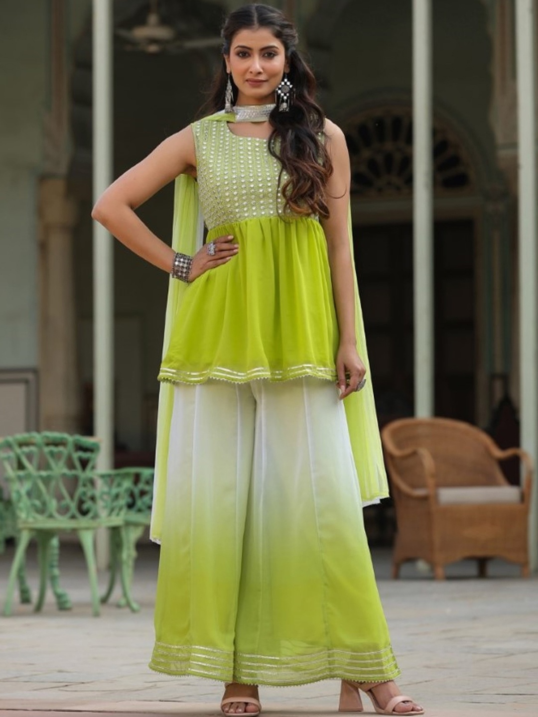 Juniper Pleated Mirror Work Kurti With Palazzos & Dupatta, Green