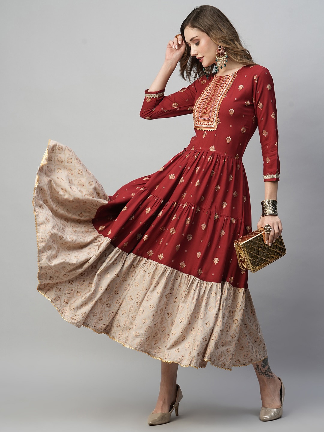 Kiana Ethnic Motifs Printed Round Neck Sequined Detailed Fit & Flare Midi Dress, Maroon
Kiana Ethnic Motifs Printed Round Neck Sequined Detailed Fit & Flare Midi Dress, Maroon