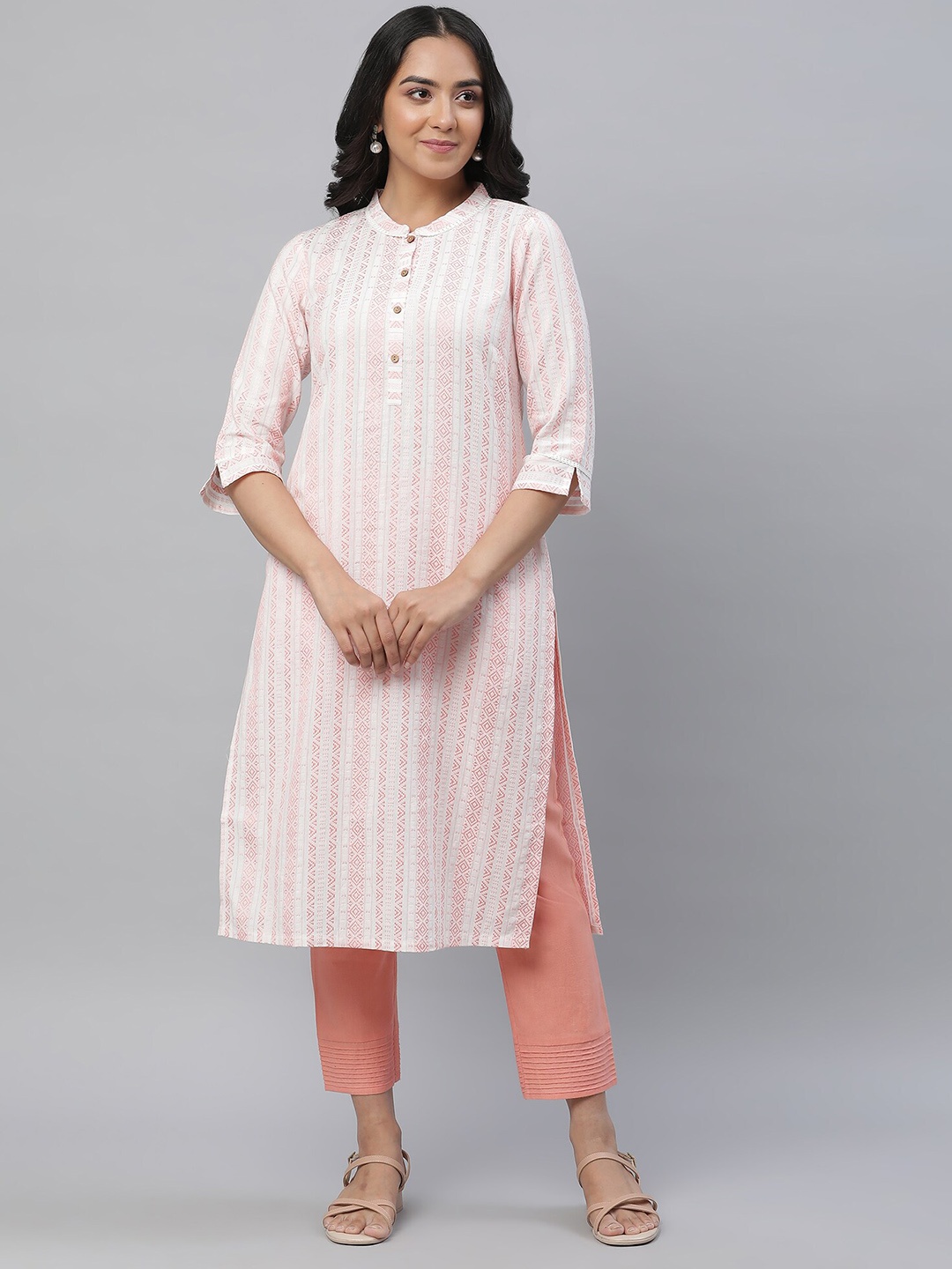 AURELIA Tribal Woven Design Striped Lace-Up Detail Mandarin Collar Straight Kurta, Peach
AURELIA Tribal Woven Design Striped Lace-Up Detail Mandarin Collar Straight Kurta, Peach
