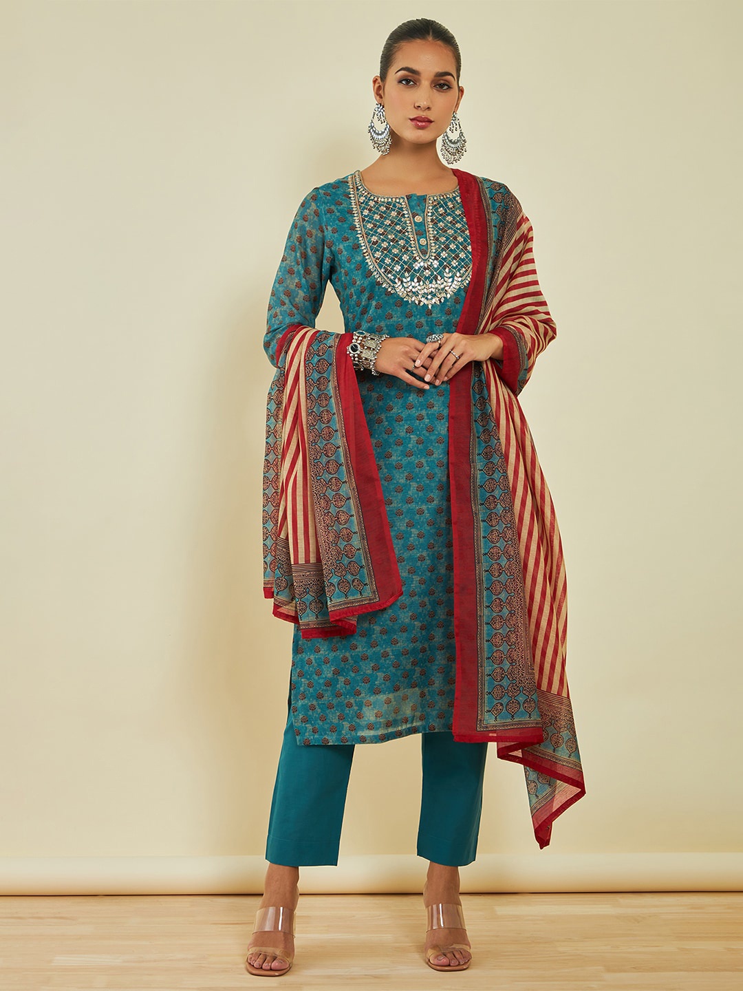 Soch Floral Printed Mirror Work Chanderi Silk Kurta with Trousers & With Dupatta, Teal
Soch Floral Printed Mirror Work Chanderi Silk Kurta with Trousers & With Dupatta, Teal