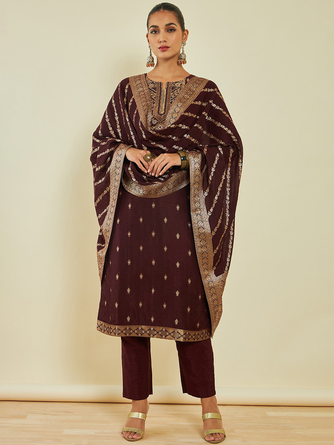 Soch Regular Kurta & Trousers With Dupatta, Maroon 
Soch Regular Kurta & Trousers With Dupatta, Maroon