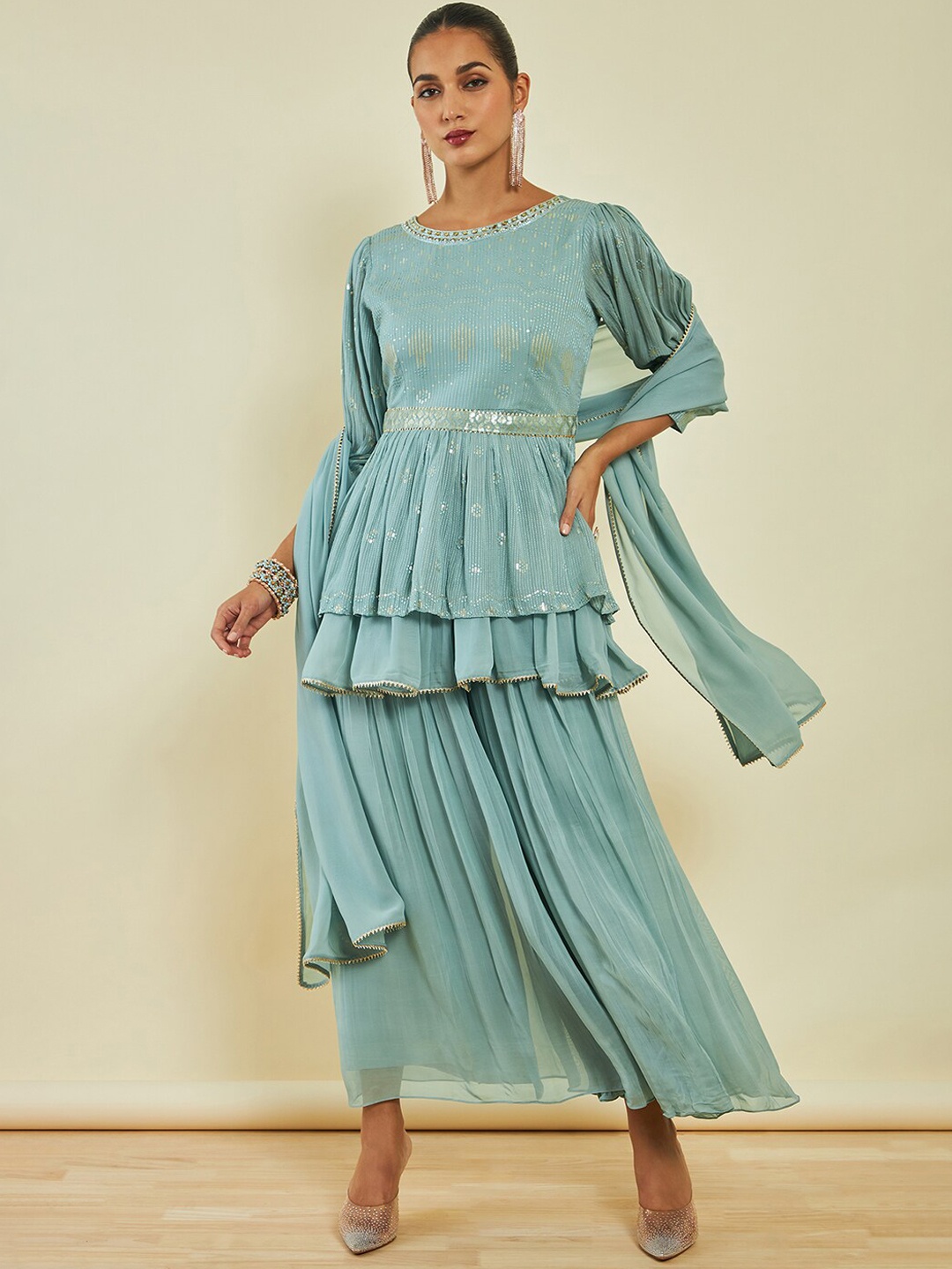 Soch Blue Embroidered Puff Sleeve Layered Sequinned Kurti & Palazzos With Dupatta
Soch Blue Embroidered Puff Sleeve Layered Sequinned Kurti & Palazzos With Dupatta