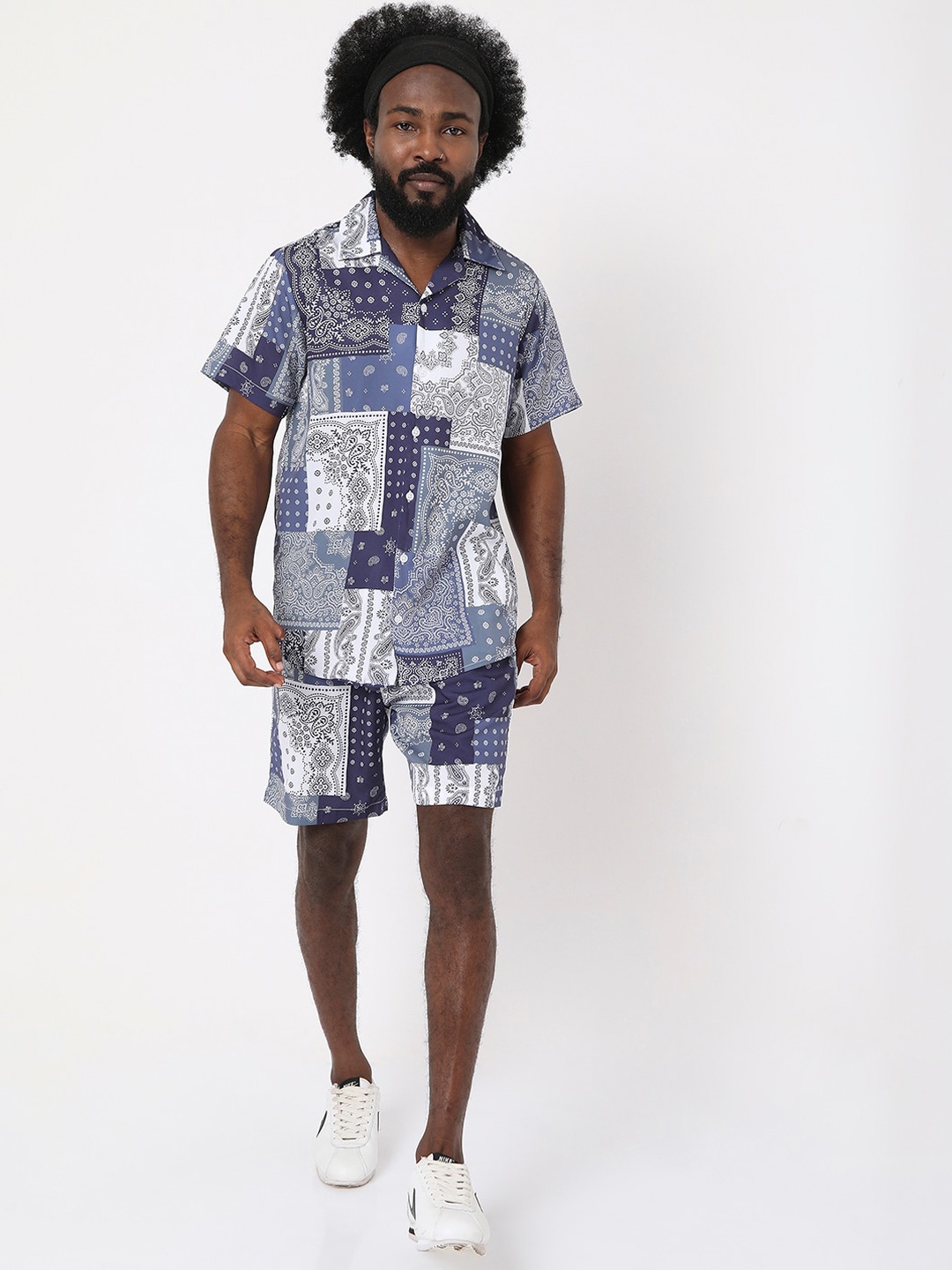 7Shores Geometric Printed Pure Cotton Shirt Collar Shirt With Shorts, Blue