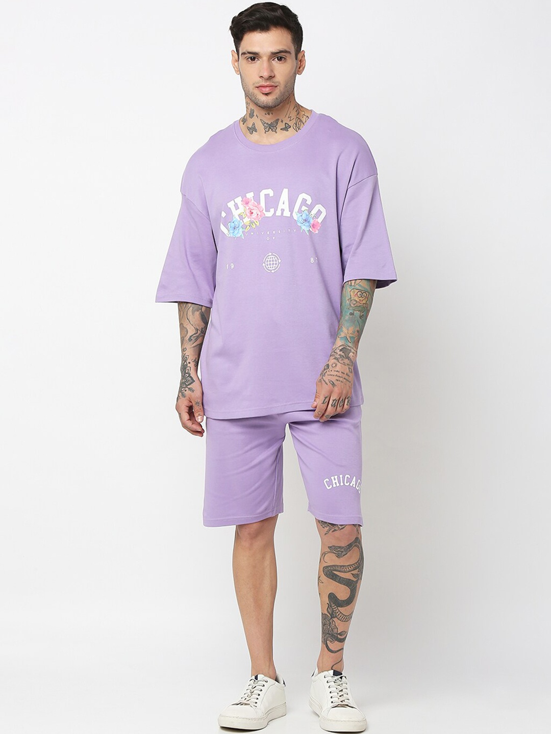 7Shores Printed Pure Cotton T-Shirt With Shorts, Lavender