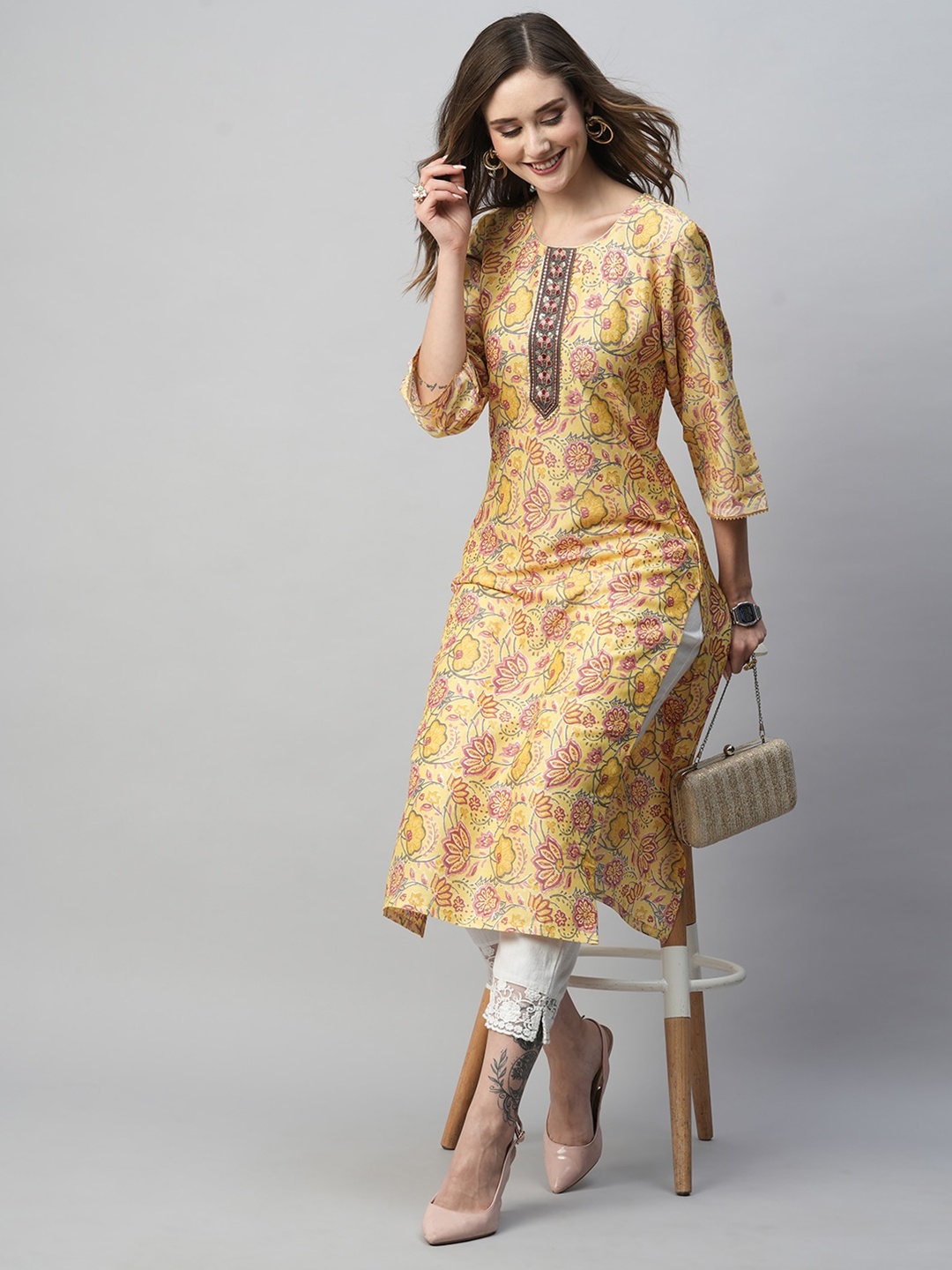 Kiana House Of Fashion Floral Printed Three-Quarter Sleeves Gotta Patti Kurta, Yellow
Kiana House Of Fashion Floral Printed Three-Quarter Sleeves Gotta Patti Kurta, Yellow