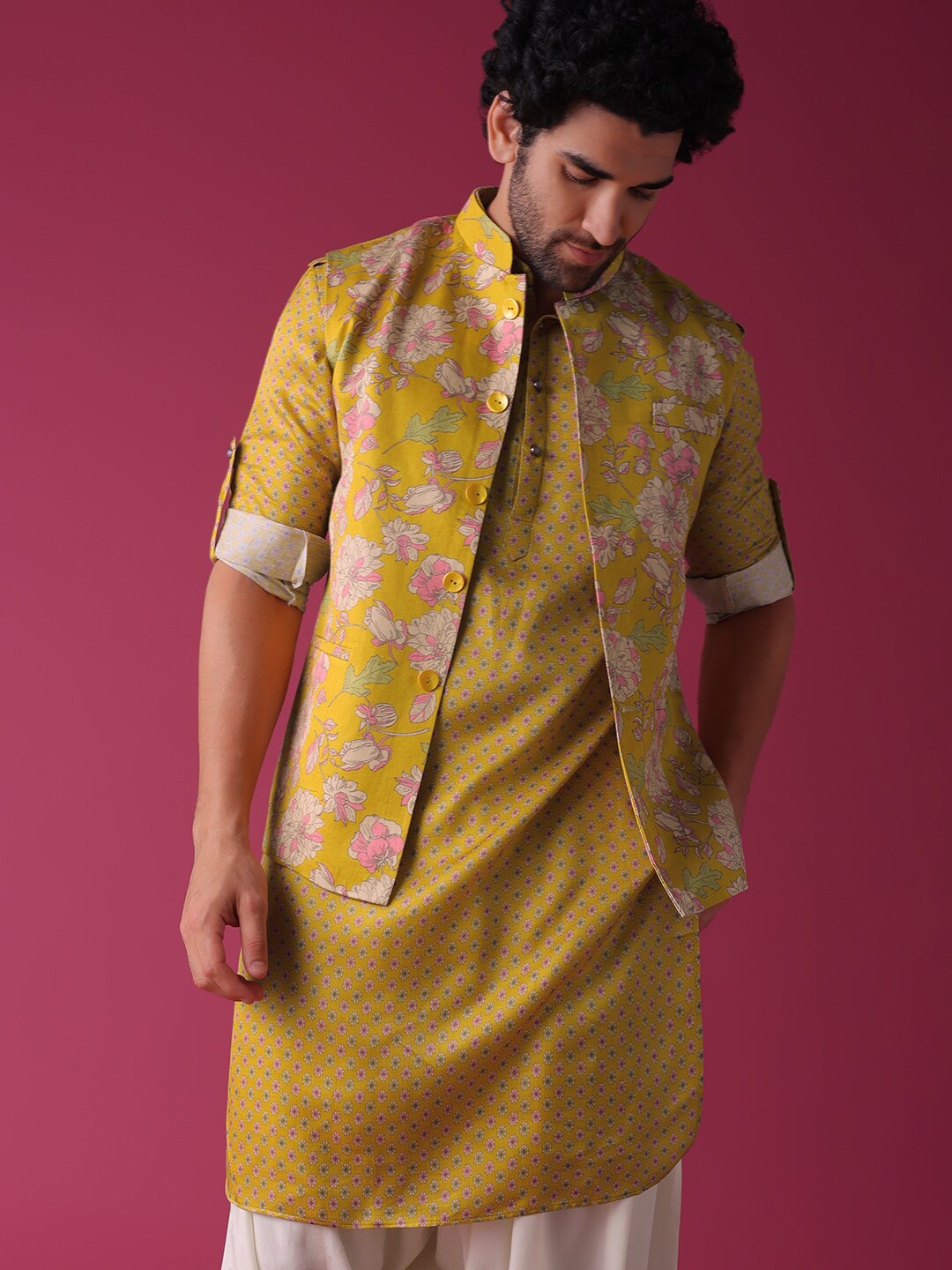 KALKI Fashion Floral Printed Roll-Up SleevesLinen Kurta With Pyjamas & Nehru Jacket, Yellow
KALKI Fashion Floral Printed Roll-Up SleevesLinen Kurta With Pyjamas & Nehru Jacket, Yellow
