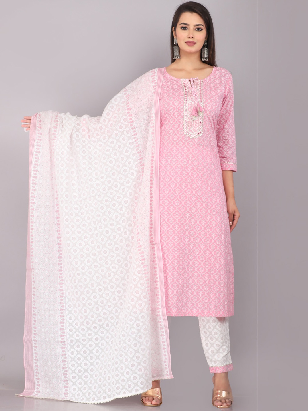 KALINI Ethnic Motifs Printed Mirror Work Tie-Up Neck Kurta with Trousers & With Dupatta, Pink
KALINI Ethnic Motifs Printed Mirror Work Tie-Up Neck Kurta with Trousers & With Dupatta, Pink