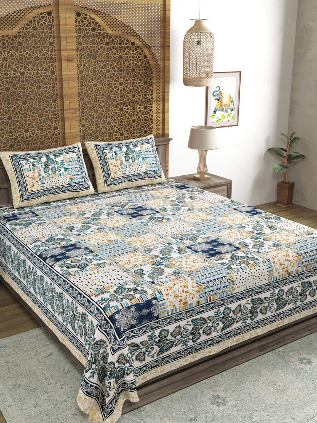 Sangria Blue & Brown Printed Cotton 210TC Double King Bedsheet With 2 Pillow Covers
Sangria Blue & Brown Printed Cotton 210TC Double King Bedsheet With 2 Pillow Covers