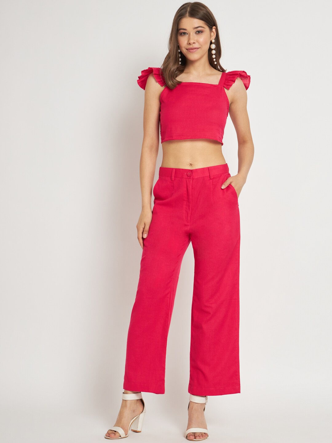 CUFFS N LASHES Square Neck Crop Top & Trouser, Pink