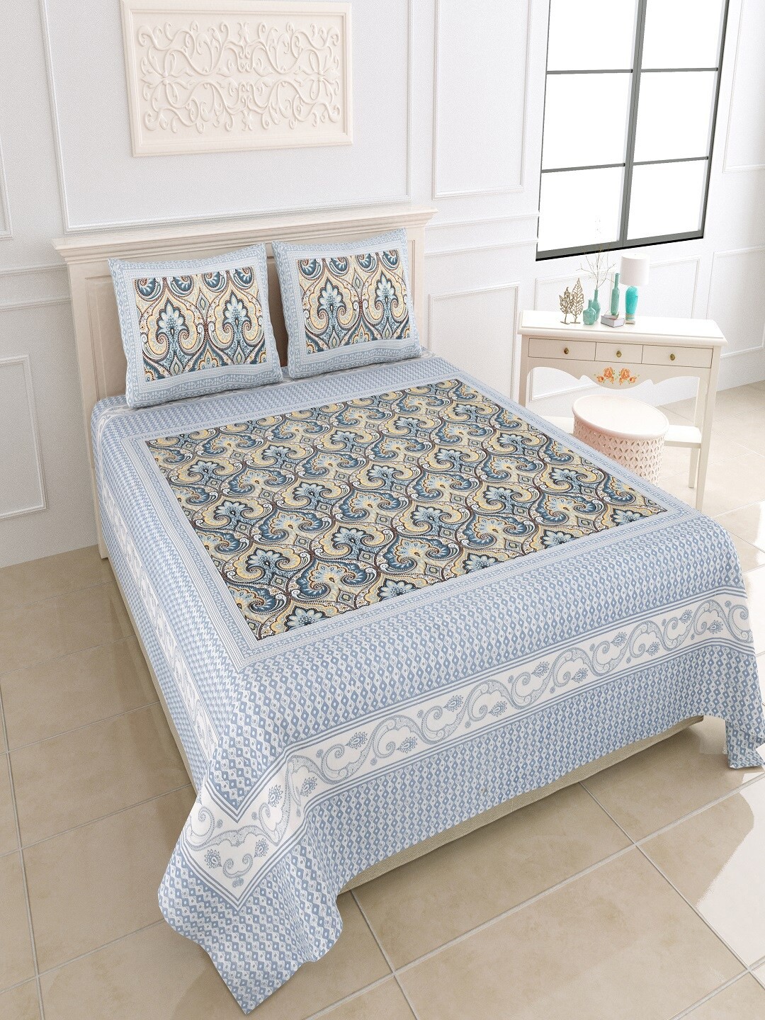 Bombay Spreads Blue & White Ethnic Motifs Cotton 180 TC King Bedsheet with 2 Pillow Covers
Bombay Spreads Blue & White Ethnic Motifs Cotton 180 TC King Bedsheet with 2 Pillow Covers