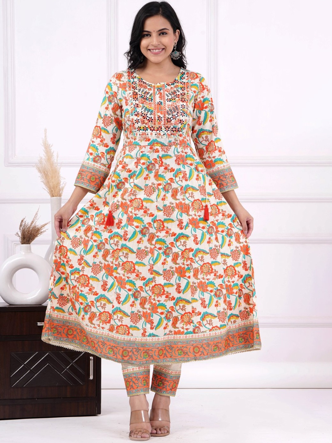 UNISETS Floral Printed Mirror Work Anarkali Kurta & Trousers With Dupatta, Peach
UNISETS Floral Printed Mirror Work Anarkali Kurta & Trousers With Dupatta, Peach
