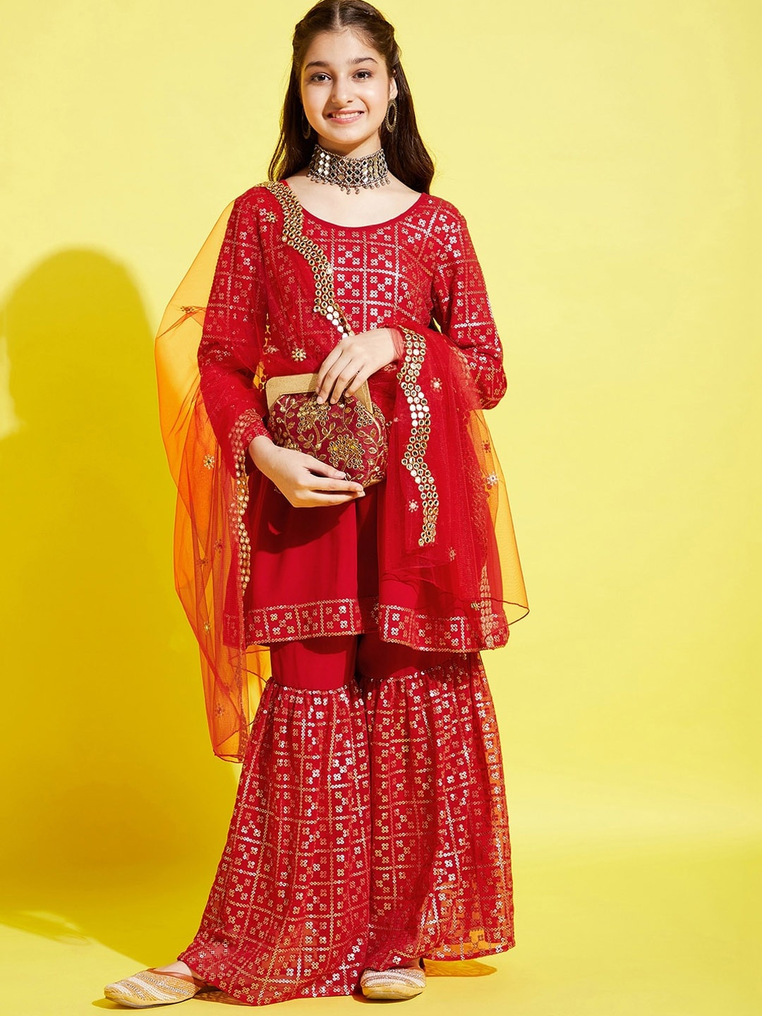 Cherry & Jerry Girls Geometric Embroidered Sequinned Anarkali Kurta & Sharara with Dupatta, Red
Cherry & Jerry Girls Geometric Embroidered Sequinned Anarkali Kurta & Sharara with Dupatta, Red