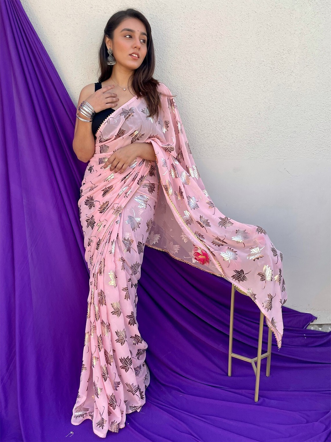 Anouk Pink & Gold-Toned Printed Pure Georgette Saree