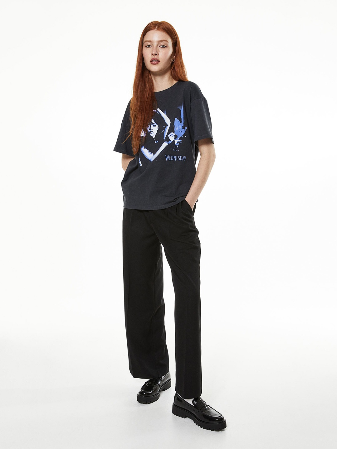 H&M Pure Cotton Oversized Printed T-Shirt, Black