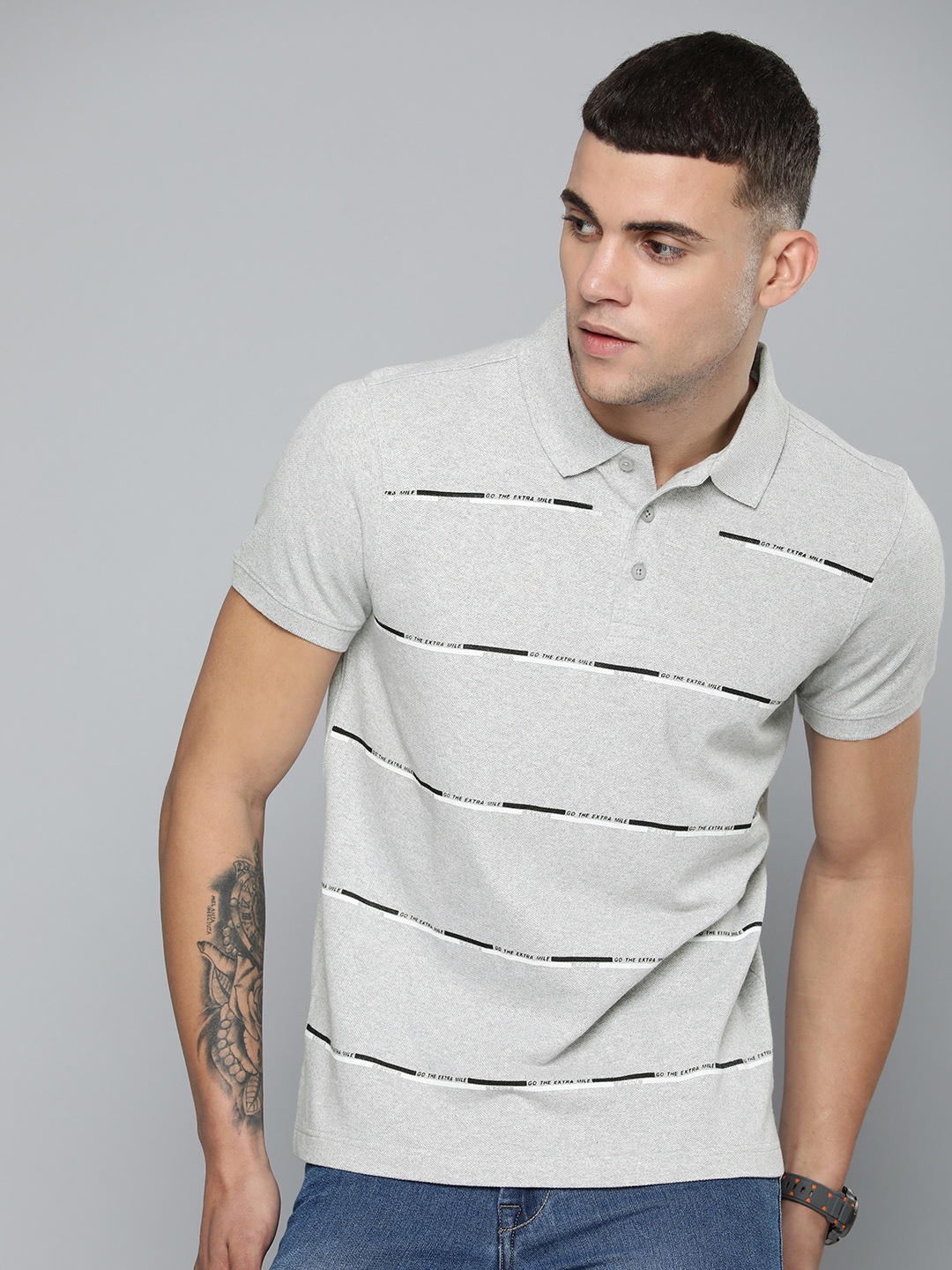 R Code by The Roadster Life Co Men Striped Polo Collar Pure Cotton T-shirt, Grey melange
R Code by The Roadster Life Co Men Striped Polo Collar Pure Cotton T-shirt, Grey melange