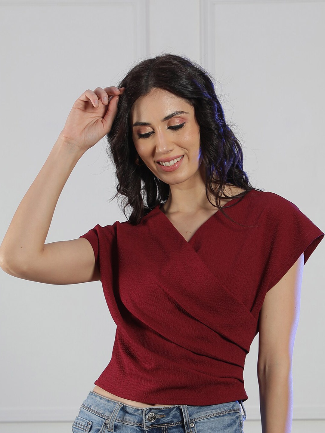NEUDIS V-Neck Extended Sleeves Cropped Wrap Top, Maroon