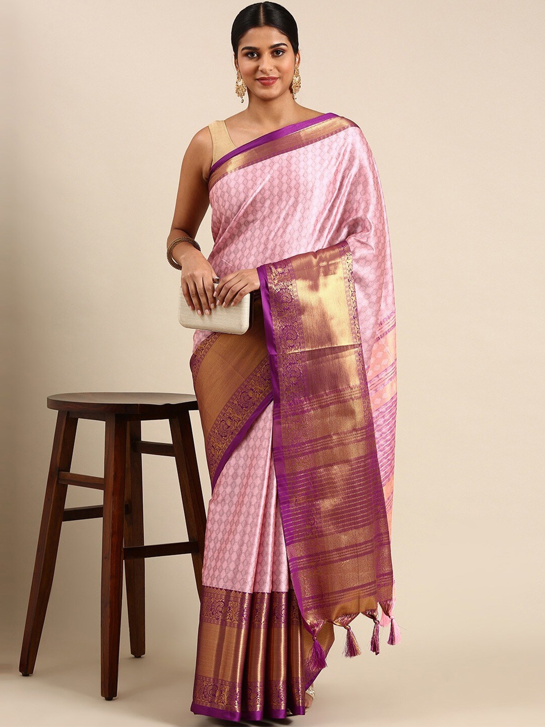 KALINI Woven Design Zari Detailed Silk Cotton Saree, Pink
