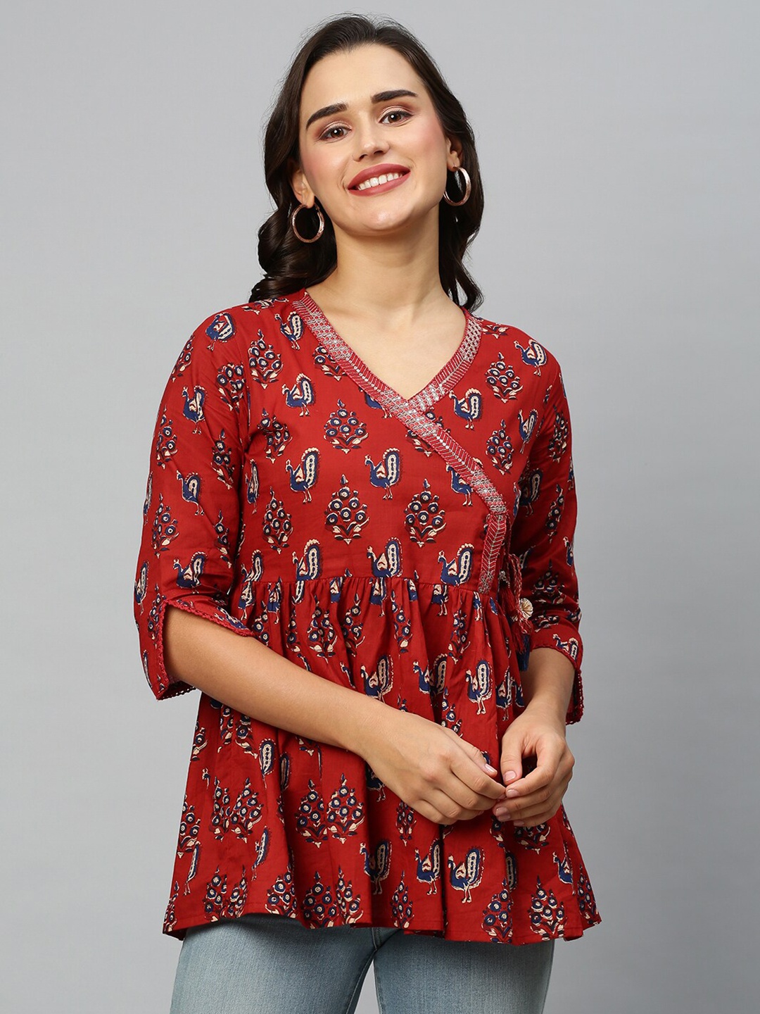 INDYES Red & Blue Ethnic Motifs Printed V-Neck Sequinned Pure Cotton Sequinned Angrakha Kurti
INDYES Red & Blue Ethnic Motifs Printed V-Neck Sequinned Pure Cotton Sequinned Angrakha Kurti
