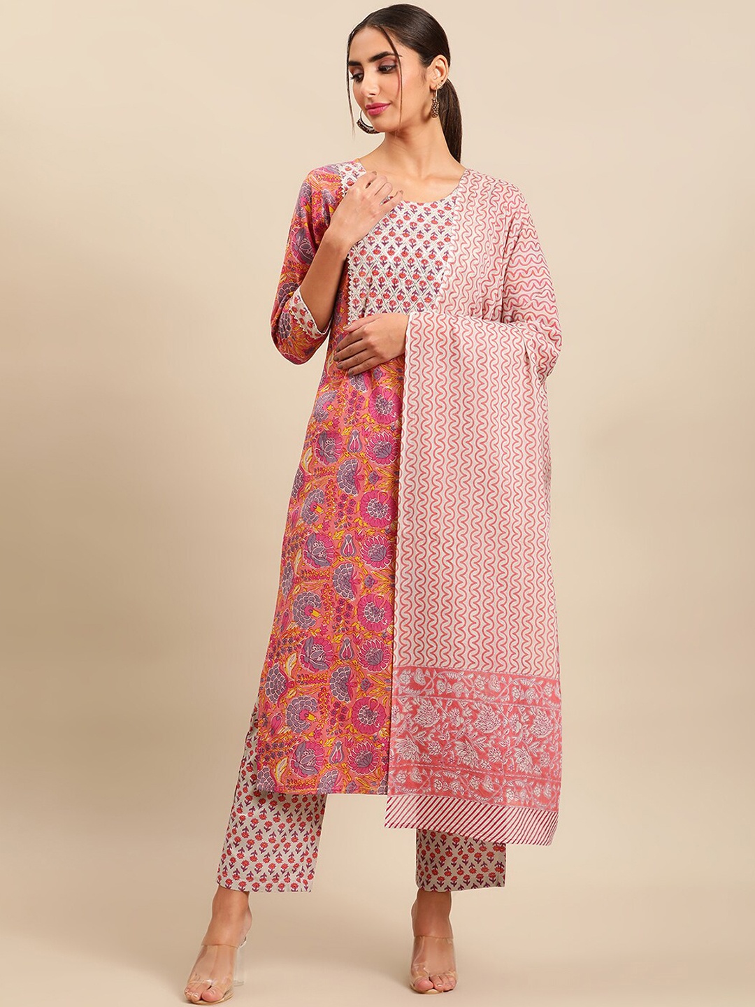 KALINI Floral Printed Yoke Design Gotta Patti Pure Cotton Kurta With Trousers & Dupatta, Peach
KALINI Floral Printed Yoke Design Gotta Patti Pure Cotton Kurta With Trousers & Dupatta, Peach