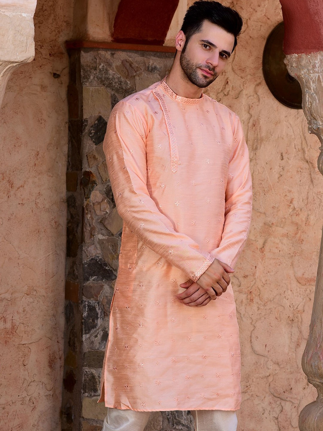 HOUSE OF DEYANN Ethnic Motifs Embroidered Sequined Dupion Silk Kurta with Churidar, Peach
HOUSE OF DEYANN Ethnic Motifs Embroidered Sequined Dupion Silk Kurta with Churidar, Peach