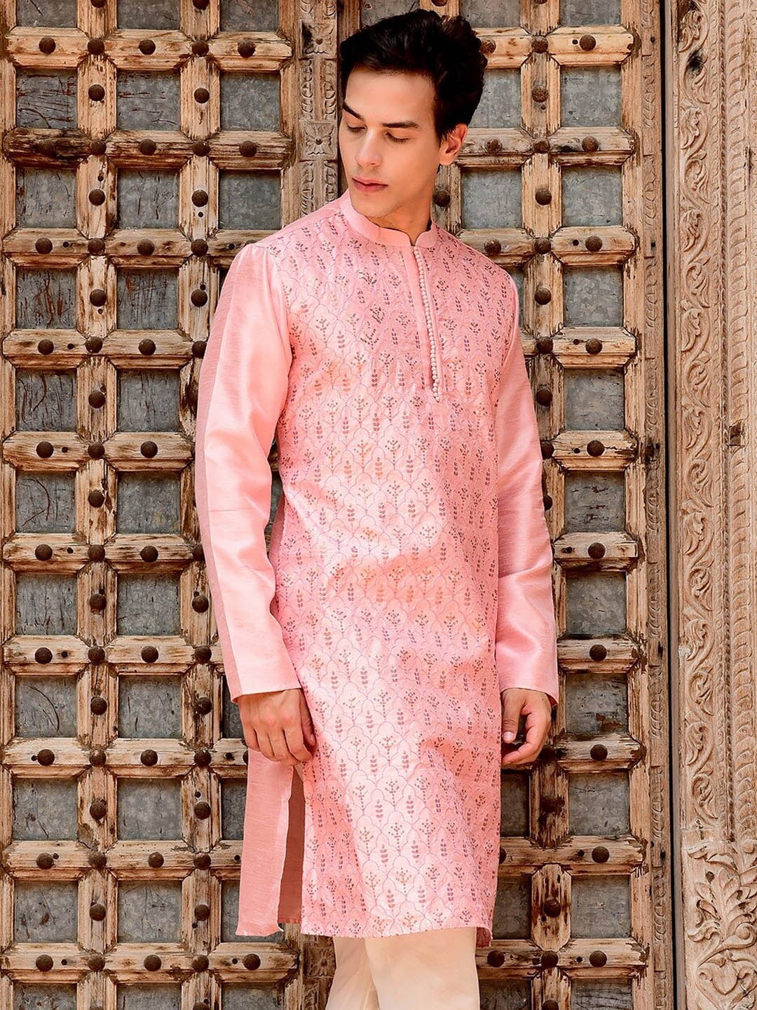 HOUSE OF DEYANN Ethnic Motifs Embroidered Sequined Dupion Silk Kurta with Churidar, Pink
HOUSE OF DEYANN Ethnic Motifs Embroidered Sequined Dupion Silk Kurta with Churidar, Pink