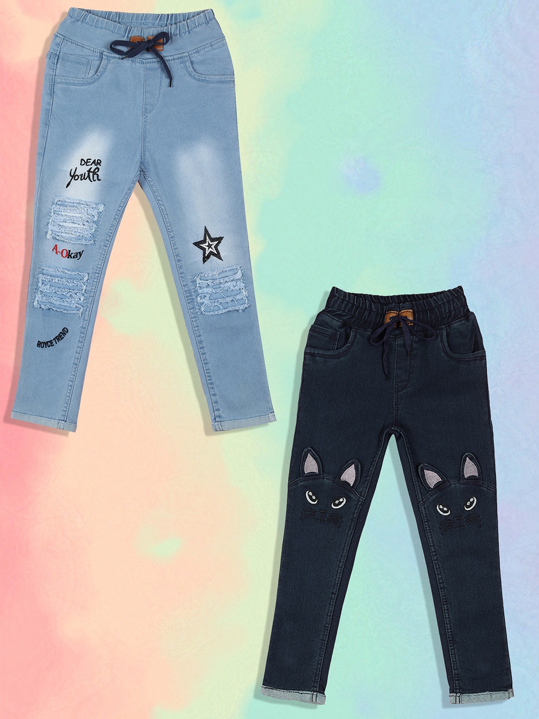 A-Okay Girls Pack Of 2 Slim Fit High-Rise Highly Distressed Heavy Fade Embroidered Jeans, Turquoise blue
A-Okay Girls Pack Of 2 Slim Fit High-Rise Highly Distressed Heavy Fade Embroidered Jeans, Turquoise blue