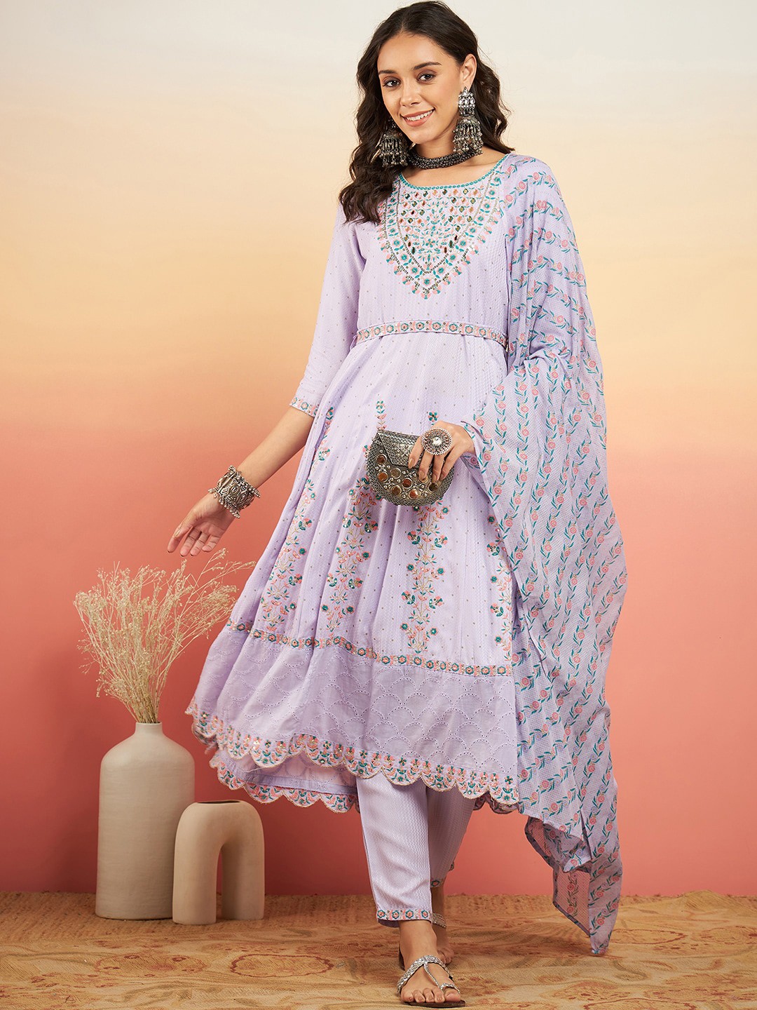Sangria Floral Embroidered Mirror Work Anarkali Kurta & Trousers With Dupatta, Purple
Sangria Floral Embroidered Mirror Work Anarkali Kurta & Trousers With Dupatta, Purple