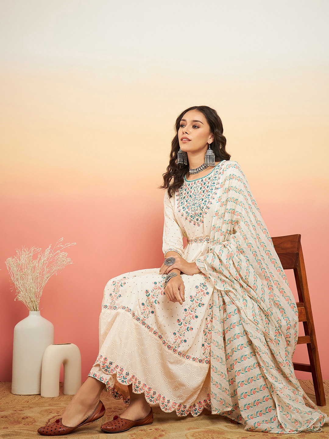 Sangria Floral Embroidered Mirror Work Anarkali Kurta & Trousers With Dupatta, Off white
Sangria Floral Embroidered Mirror Work Anarkali Kurta & Trousers With Dupatta, Off white